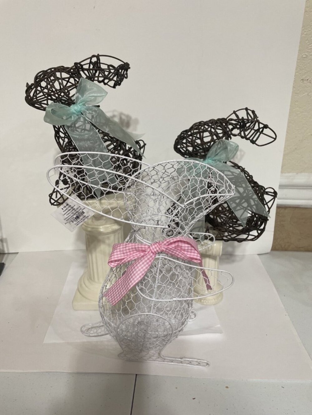 Hobby Lobby Easter White Metal Bunny Rabbit & (2) Wire Woven Brown With Ribbons